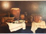 une peinture représentant une peinture d'une table sur laquelle se trouvent des aliments