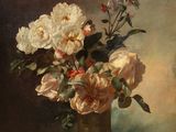 a painting of flowers in a vase on a table