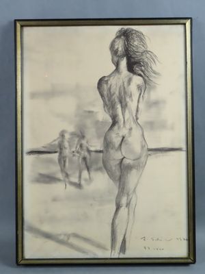 painting of a woman standing on a beach with her back to the camera