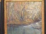 an oil painting of a river in a wooded area with trees in the background