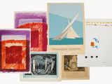 many different types of art work displayed on a white surface