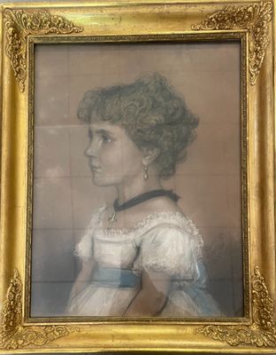 portrait of a woman in a white dress with a blue sash