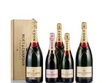 a group of three bottles of champagne in front of a wooden box