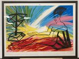 painting of a woman sitting in a chair in front of a colorful background