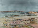 a watercolor painting of a view of a beach