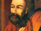 painting of a man with a beard in a red robe