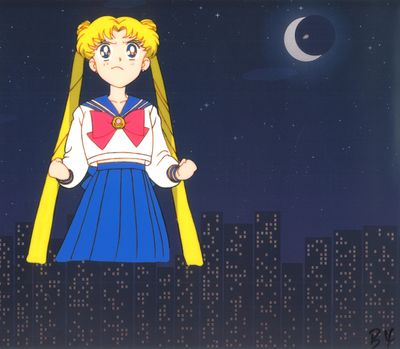 une jeune fille en tenue de marin debout devant une ville la nuit, avec la lune en arrière-plan