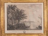 painting of a view of a river with a boat in the foreground