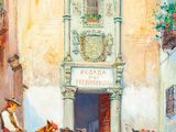 a painting of a horse and a man standing in front of a building
