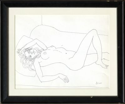 drawing of a nude woman laying on a bed with her legs crossed