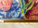 a picture of a painting of a tulip in a vase