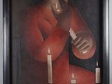 a painting of a man holding a lit candle in front of him
