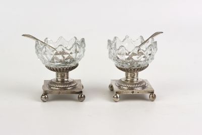 pair of silver plated candlesticks with crystal glass bowl and spoon