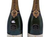 deux bouteilles de champagne posées l'une à côté de l'autre sur une surface blanche