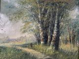 a picture of a painting of a man and a dog in the woods