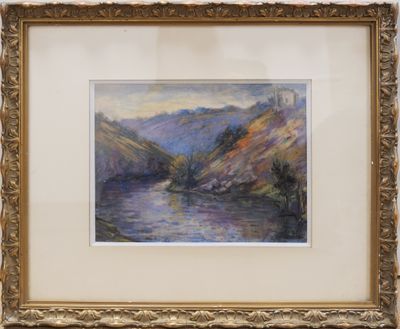 an image of a painting of a river with mountains in the background