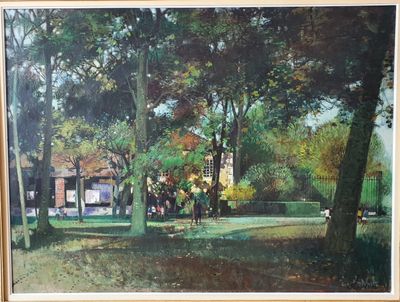 un tableau représentant un cheval et une calèche dans un parc
