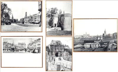 plusieurs photographies en noir et blanc d'une ville dotée d'une tour horloge