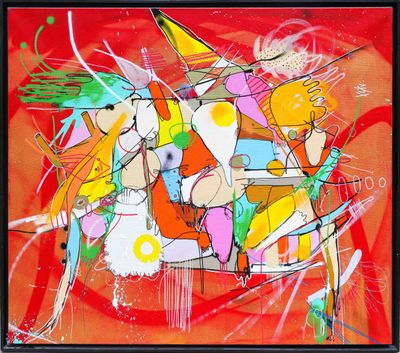 abstract painting of a group of people on a red background