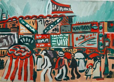 a painting of a group of people walking down the street