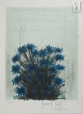 dessin représentant des fleurs bleues dans un vase sur fond vert