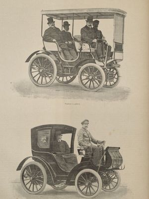 deux illustrations représentant des voitures anciennes avec des personnes à l'intérieur, dont l'une est tirée par un cheval et une calèche