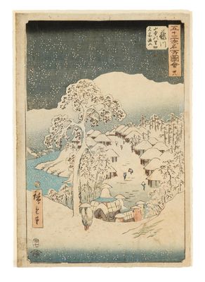 un tableau représentant un paysage enneigé avec une maison et des arbres