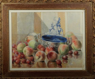 a painting of a bowl of apples and a bowl of peaches on a table