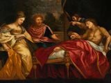 an image of a painting of a group of people sitting around a bed