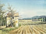 un tableau représentant une ferme avec une grange en arrière-plan