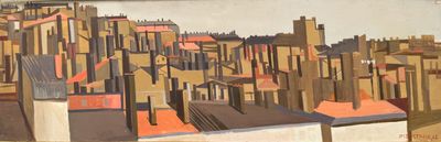 un tableau représentant une vue de la ville depuis le sommet d'une colline