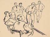 an ink drawing of a group of men standing around a man in a suit
