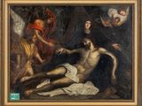 an image of a painting of jesus on the cross being taken from the cross