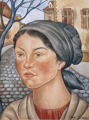 tableau représentant une femme coiffée d'un turban et un arbre devant un bâtiment