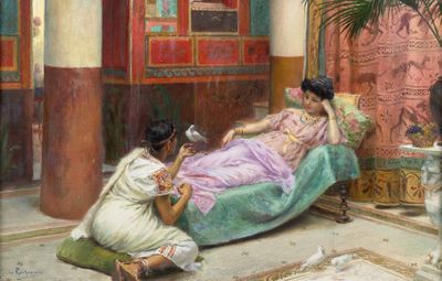 un tableau représentant une femme allongée sur un lit tandis qu'une autre femme est assise sur un canapé