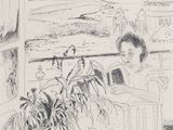 a black and white drawing of a woman sitting at a table