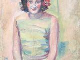 an oil painting of a woman in a green dress with flowers in her hair