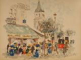 dessin représentant une scène de rue avec une calèche et une foule de passants