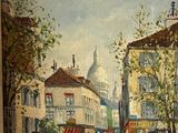 tableau représentant une femme marchant dans une rue de la ville, vêtue d'un manteau rouge