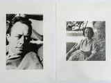 two black and white photographs of a man and a woman sitting on a couch