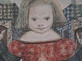 a painting of a little girl with a red dress