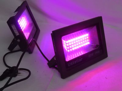 deux projecteurs à LED violets posés sur une surface blanche