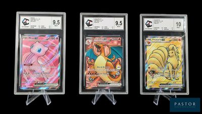 Trois types différents de cartes Pokémon sont exposés dans une vitrine.
