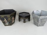 three different types of vases and stools on a white surface