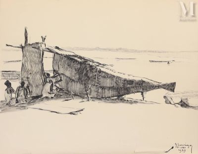 un dessin représentant un bateau sur le rivage d'une plage