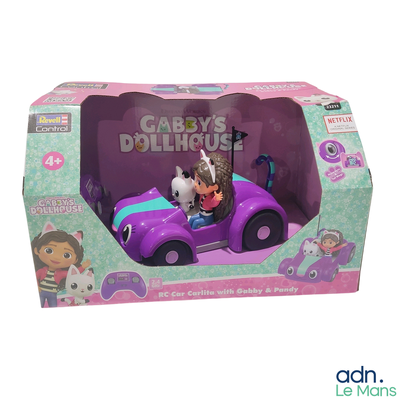 une petite voiture violette avec un chien et un chat à l'intérieur, dans une boîte en carton