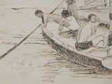 sketches of people in a boat on the water with a boat in the background