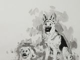 a drawing of two dogs sitting next to each other on a white surface