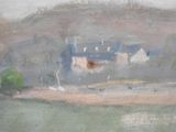 an oil painting of a boat in a body of water with a house in the background