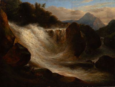 Ecole du XIXe siècle. Paysage animé à la cascade Huile sur t…